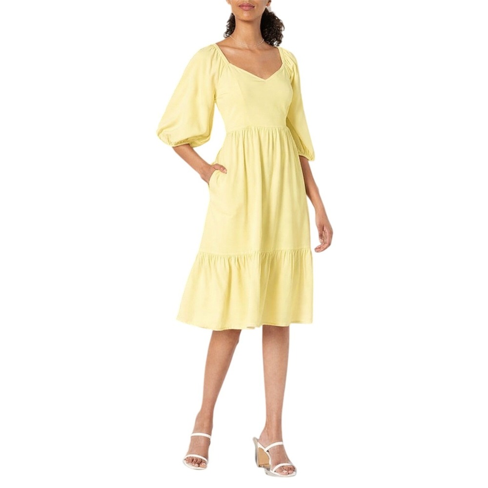 The Drop Lexi Puff-Sleeve Butter Yellow Sweetheart Neck Smock Back Dress Sz XXS